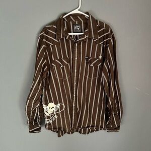 Southern Threads Shirt Mens XL Floral Western Skull Brown Pearl Snap Rockabilly